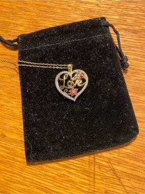 Gold Heart 'Love' Pendant Necklace w/ Pink Flower Accents